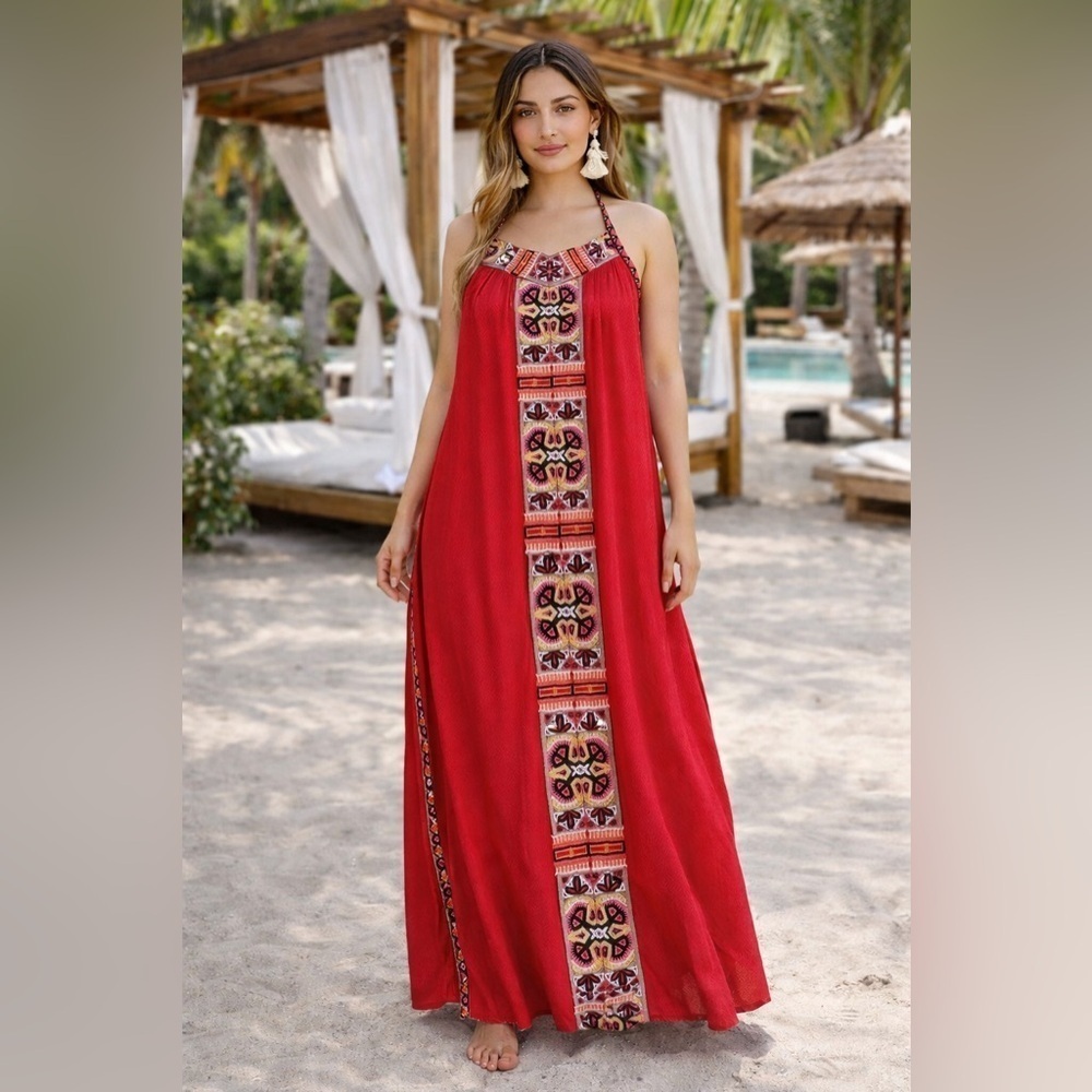 Calypso St Barth Dalbi Dress Womens Sz S Red Beaded Embroidered Tassel Boho Maxi